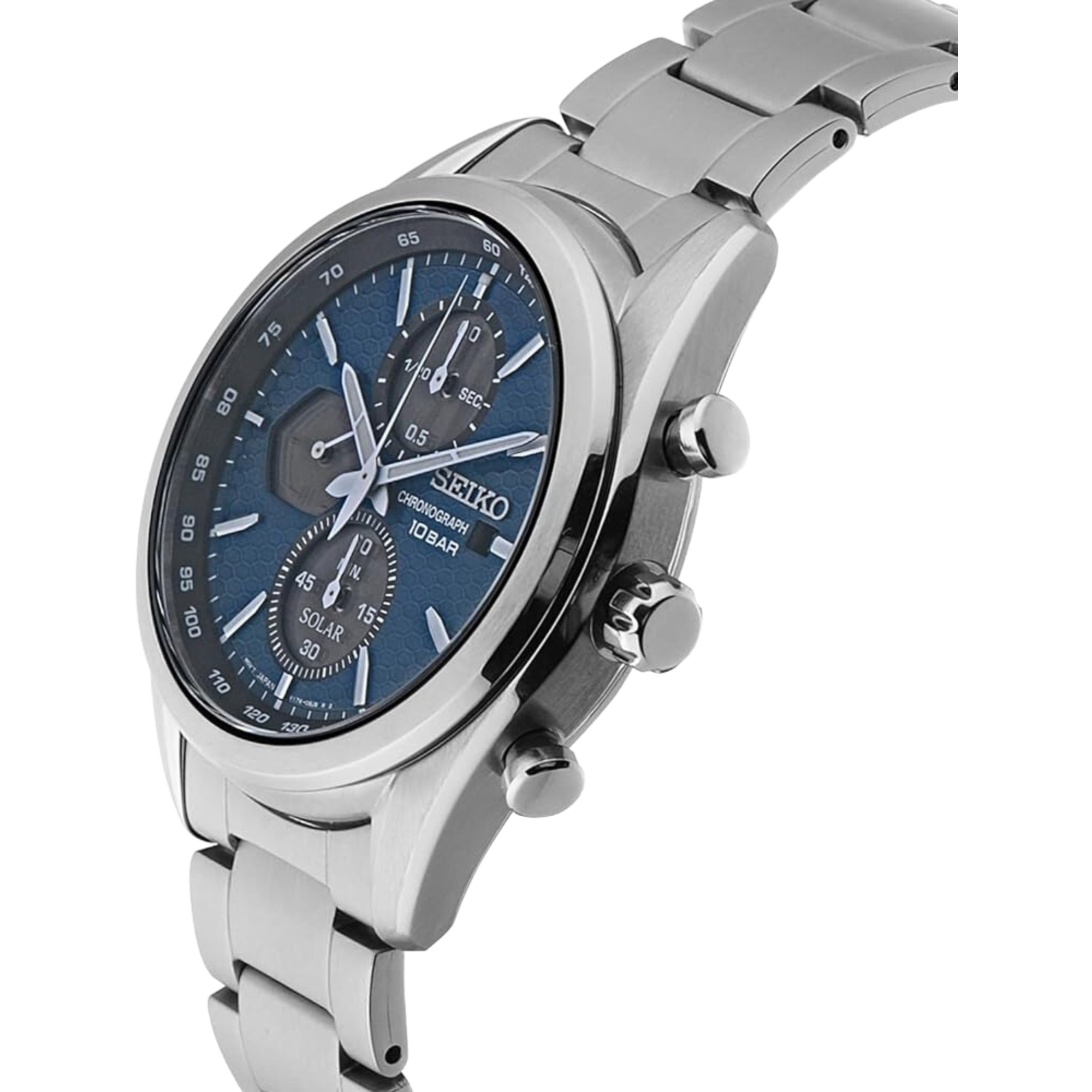 Seiko Essentials SSC801P1 solar powered chronograph stainless steel watch side profile