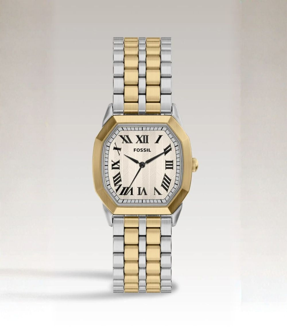 Fossil Harlow two-tone mens rectangular watch featuring cream dial with Roman numerals, gold-tone bezel, and stainless steel link bracelet