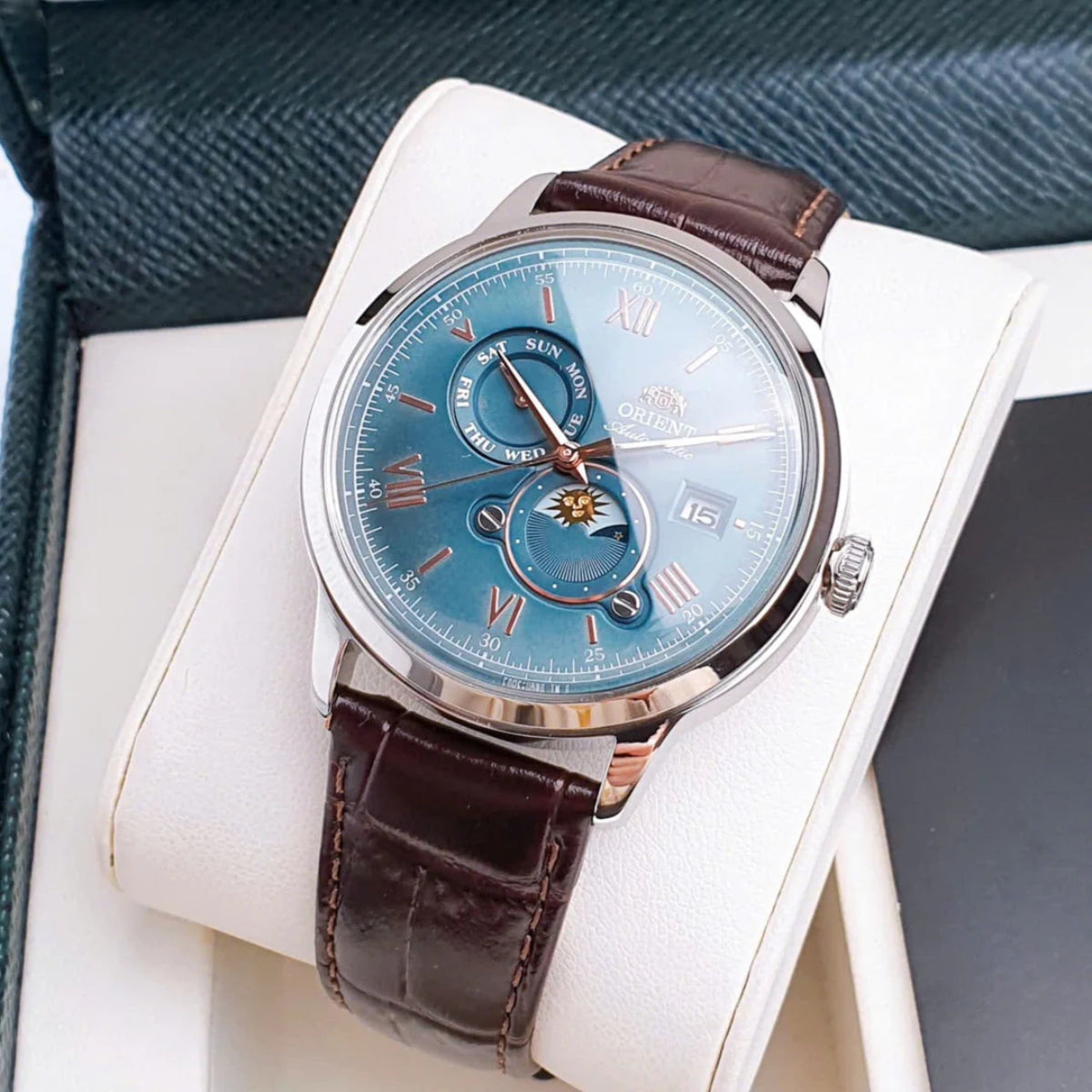 Orient Bambino 41.5mm Sun & Moon Green Dial Leather Mens Automatic Watch RA-AK0805E30B