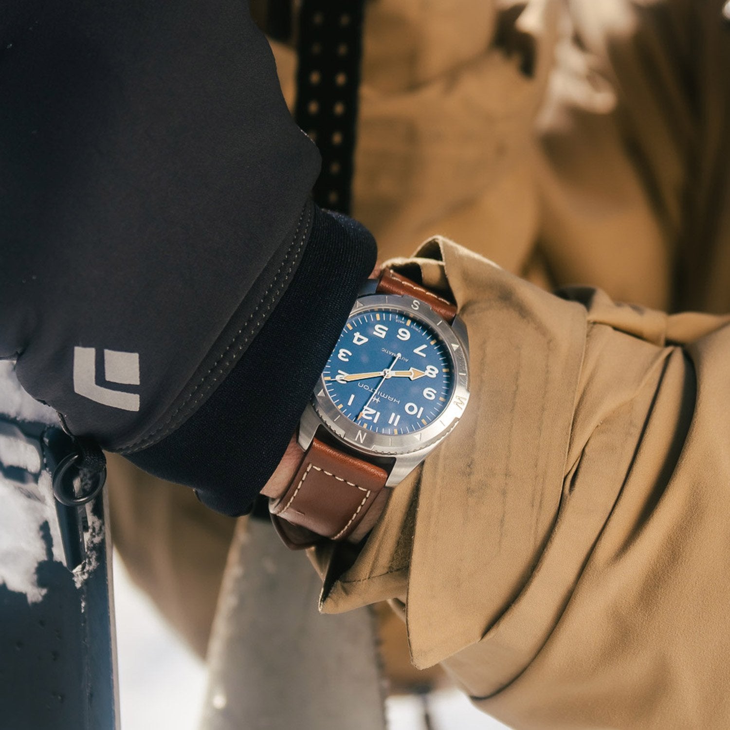 Hamilton Khaki Field Expedition 41mm blue dial leather watch worn on wrist H70315540