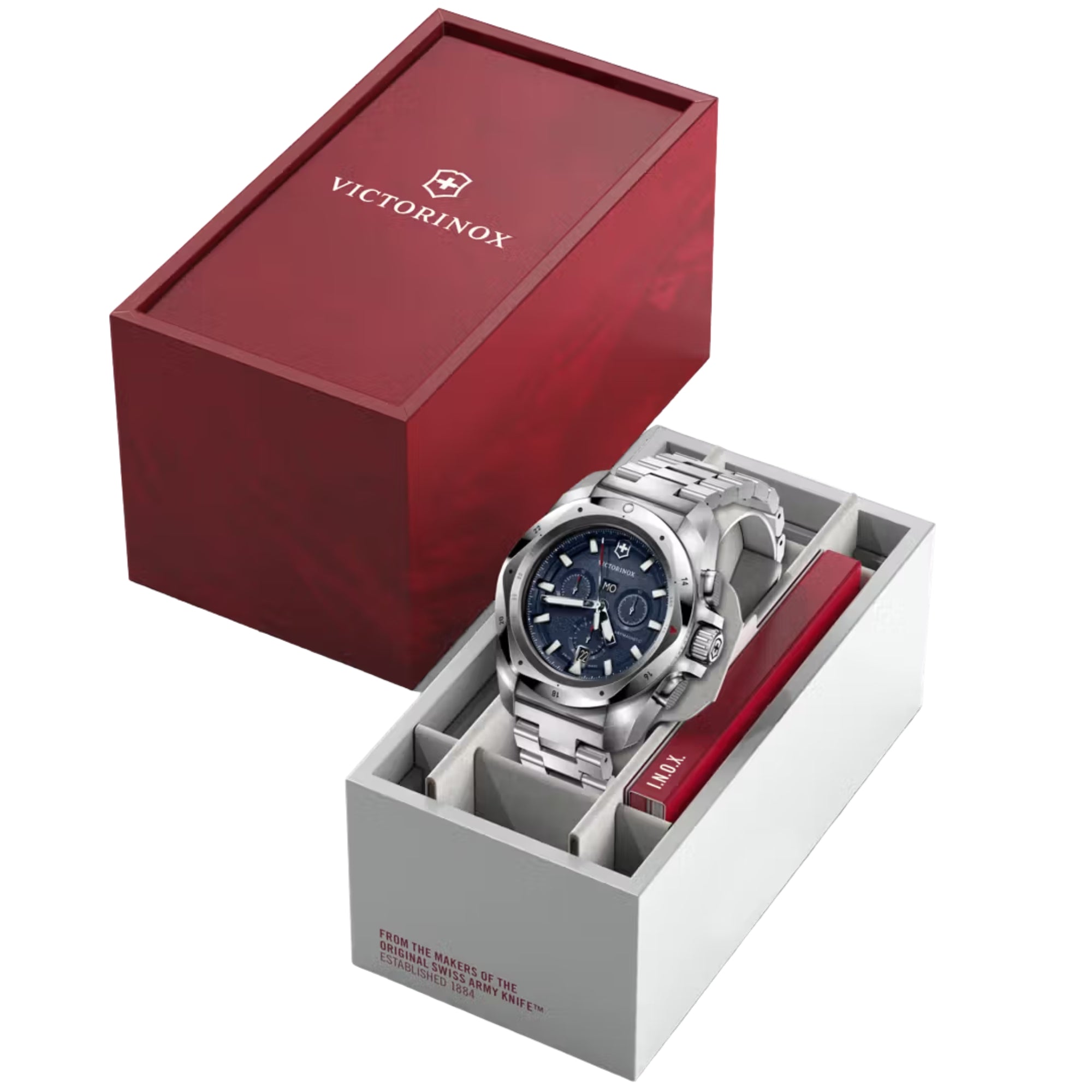 Victorinox I.N.O.X. 241985 chronograph watch elegantly presented in red box packaging