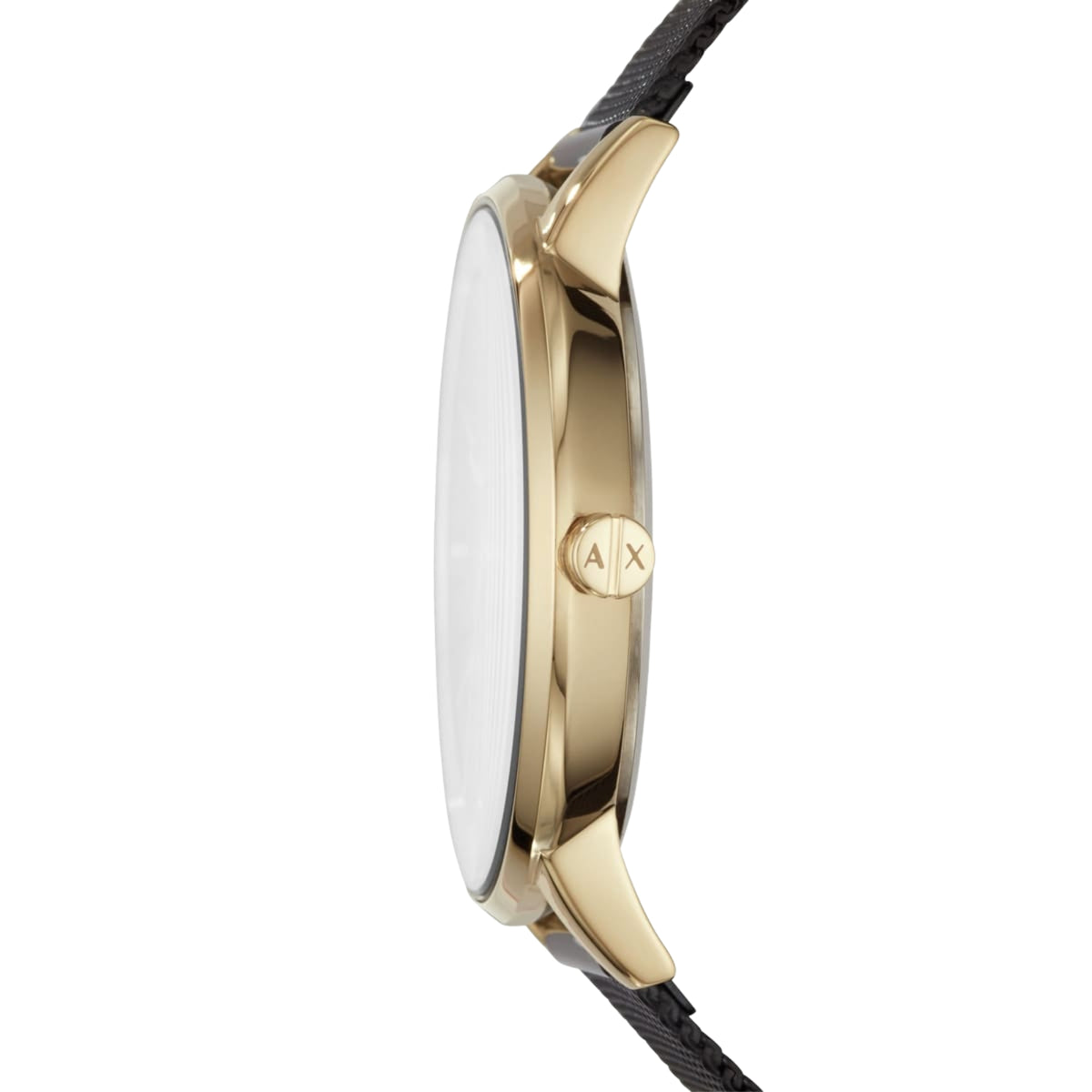 Armani Exchange Lola AX5548 side profile showing polished steel case and branded crown