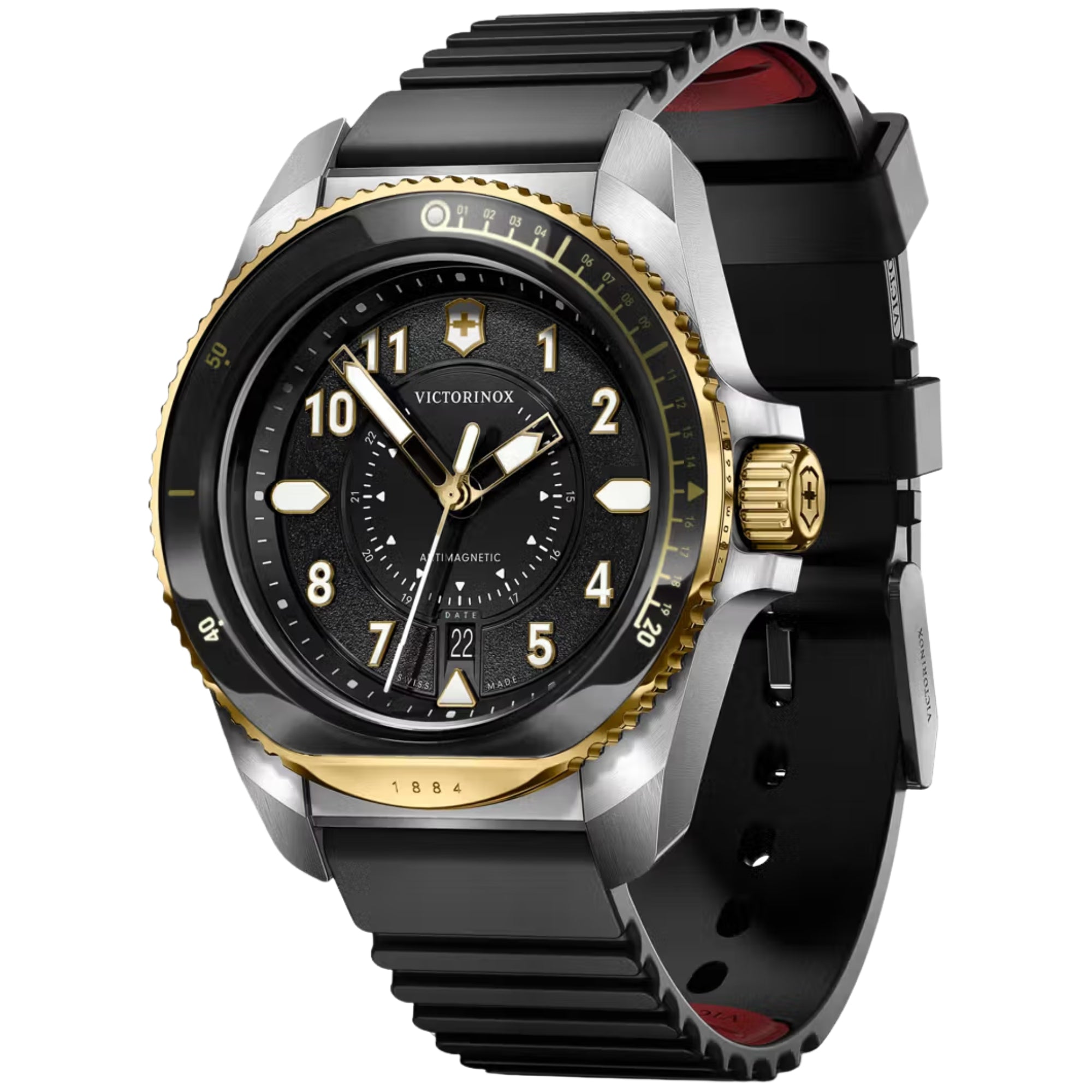 Victorinox 242014 black textured dial with date display and luminous hands close-up 