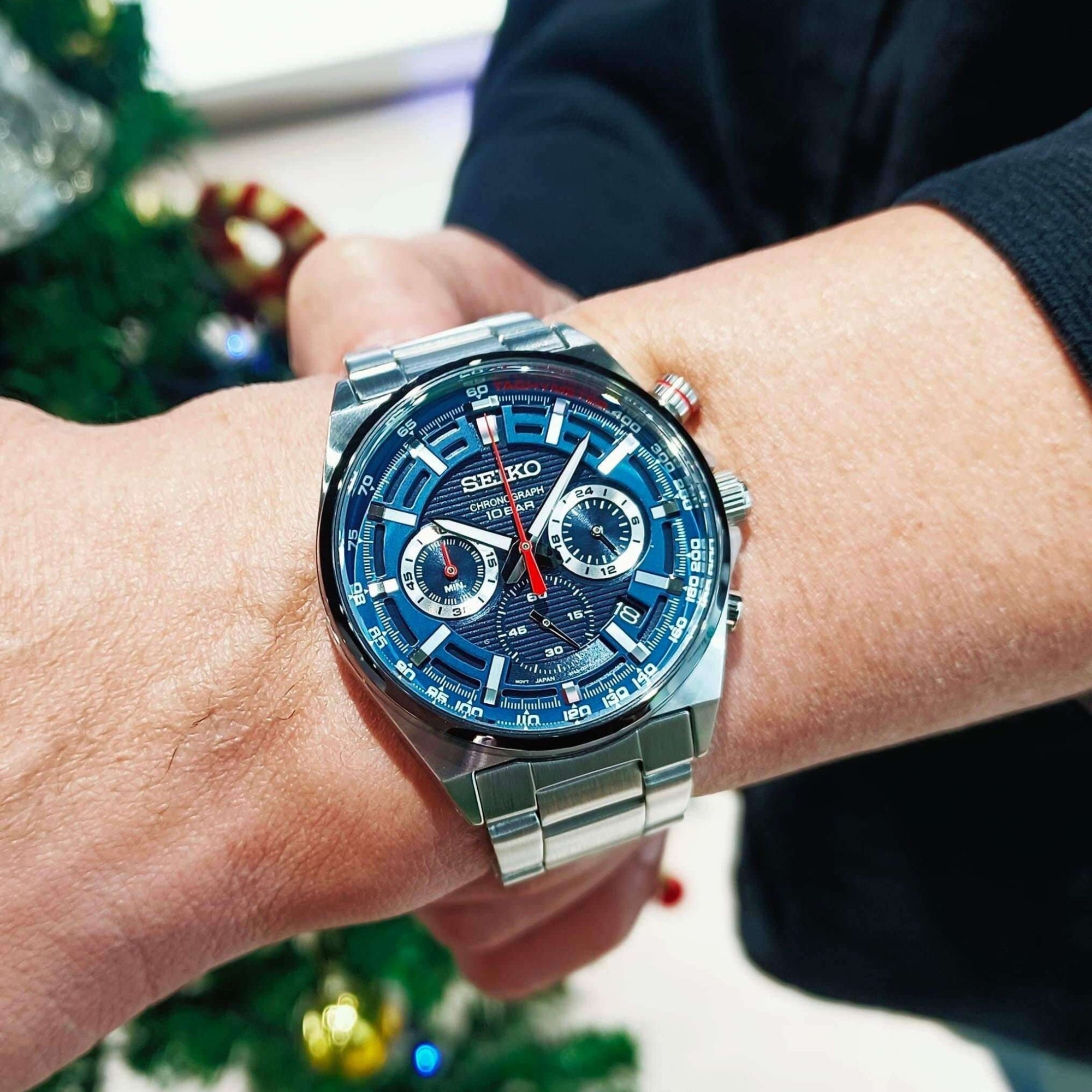 Seiko Chronograph SSB407P1 blue dial quartz watch worn on wrist
