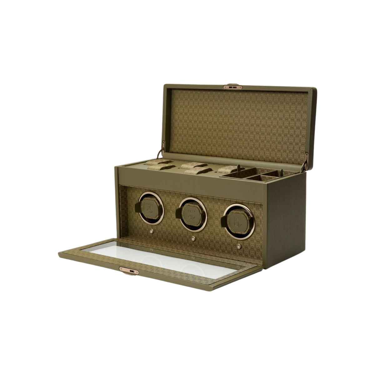WOLF Earth 190th Anniversary 190541 open view displaying olive triple watch winder with upper storage compartment and front glass panel folded down