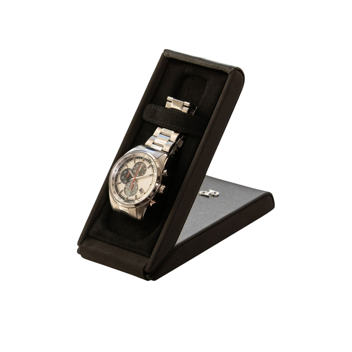 WOLF Philipp 190203 angled view of open black watch stand displaying mounted chronograph timepiece