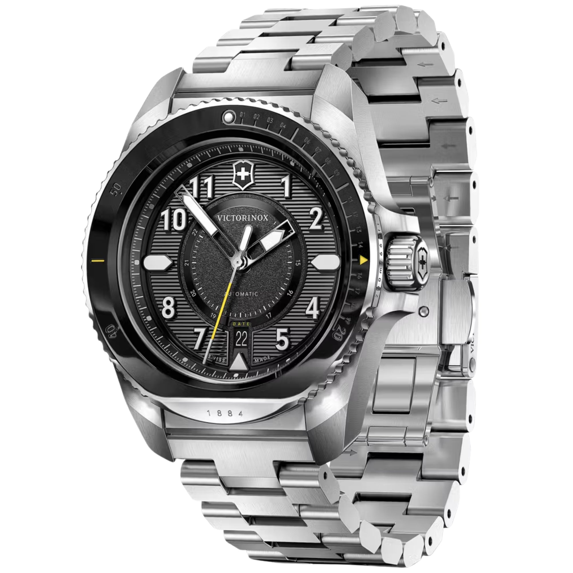 Victorinox 241981 black matte dial with date display and luminous hands close-up
