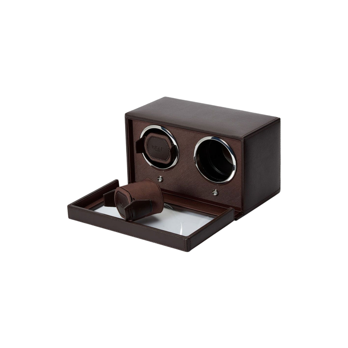 WOLF Cub 461206 perspective view of open brown double watch winder with one cuff cushion removed from winding drum