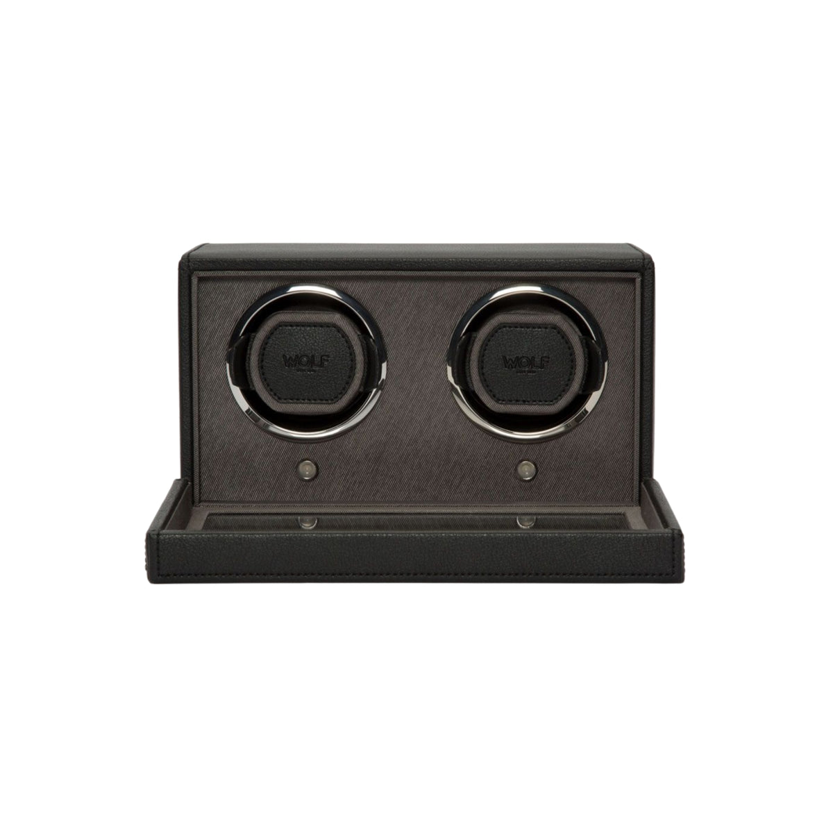 WOLF Cub 461203 front view displaying black double watch winder with glass cover door folded open