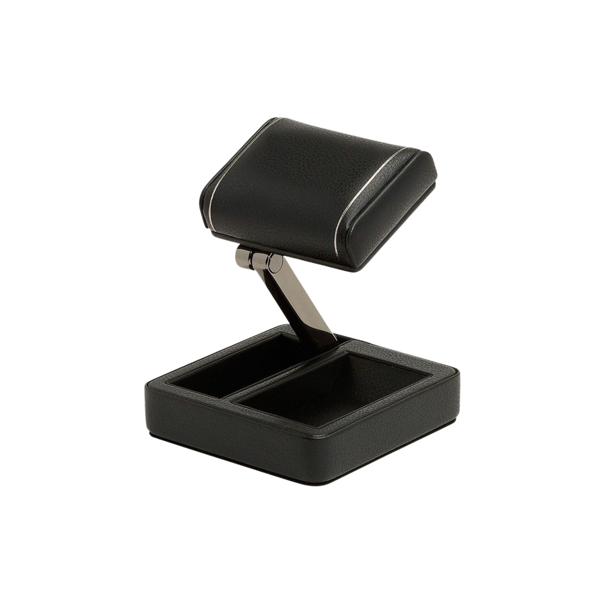 WOLF British Racing 485402 angled view of raised black single travel watch stand displaying padded cushion and base compartments