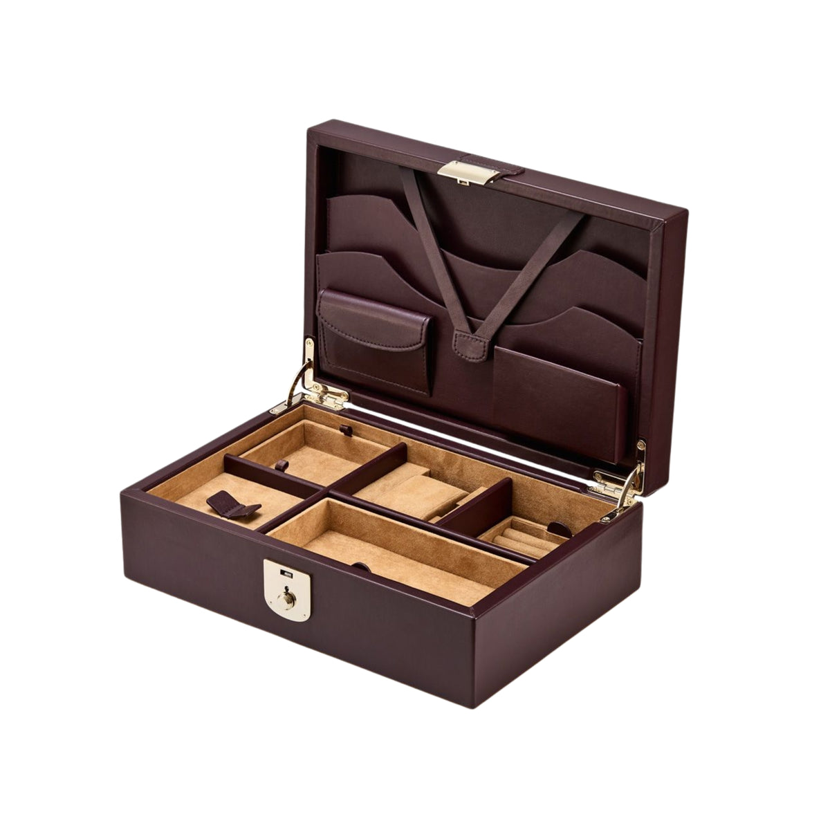 WOLF Philipp 190206 open interior view of chestnut box displaying tan storage trays, watch cushion, and lid pockets