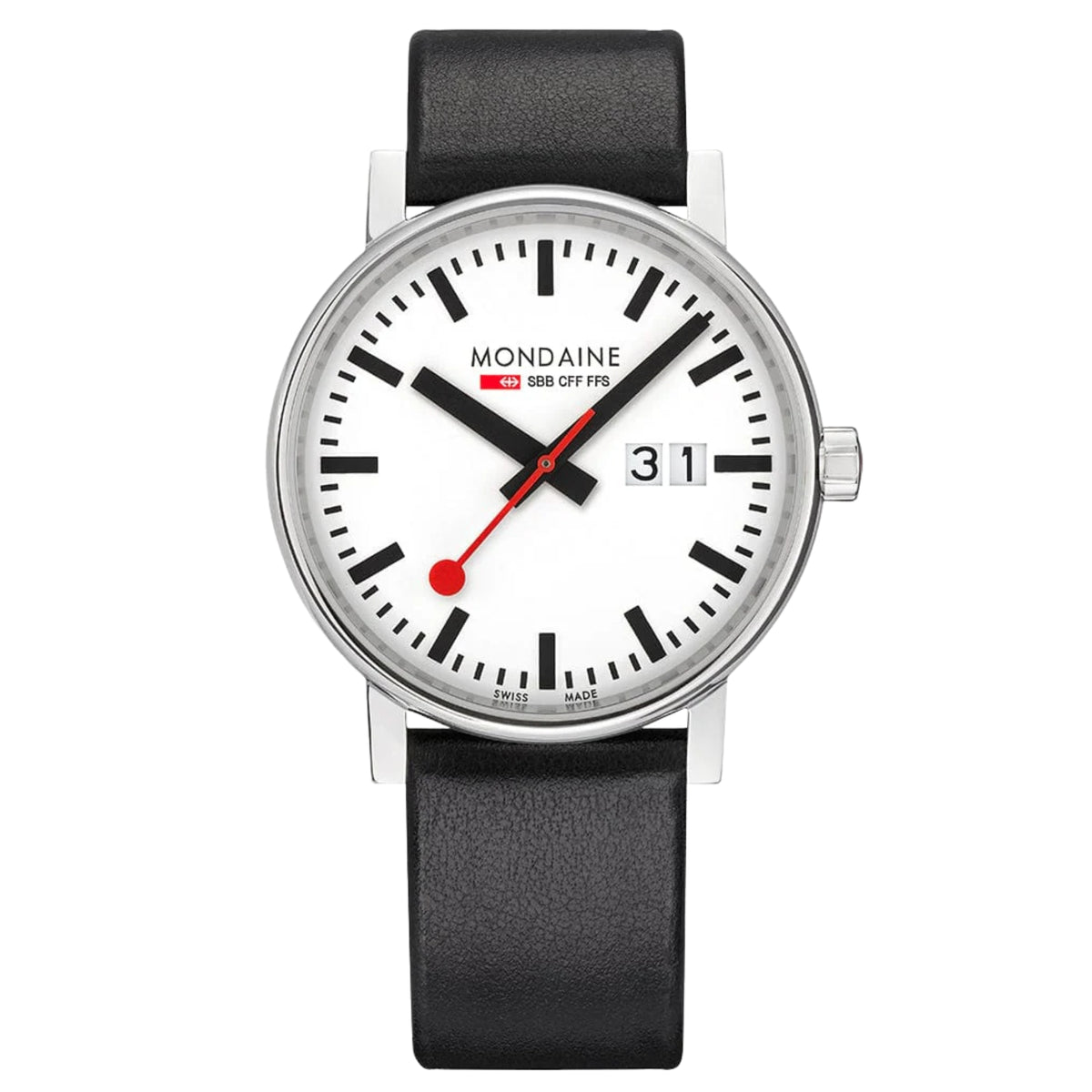Close-up shot of the Mondaine Evo2 MSE.40210.LBV 40mm mens wrist watch featuring an iconic white SBB clock dial, big date window, and red seconds hand