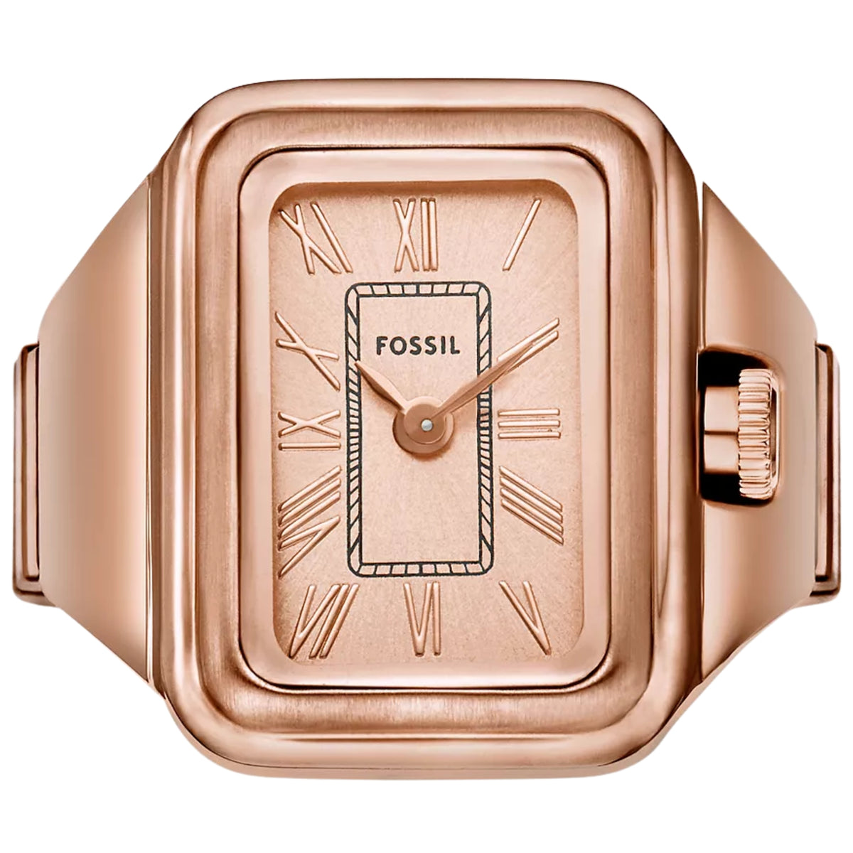 Rose gold-tone square dial wrist watch with Roman numerals and Fossil logo, quartz