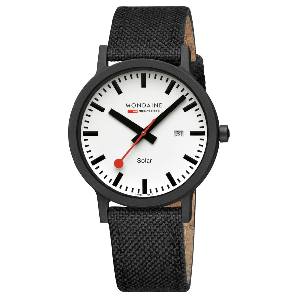 Front view of Mondaine Essence MS1.41910.LB solar watch with white SBB dial, black textile strap, and eco-friendly leaf-sun icon