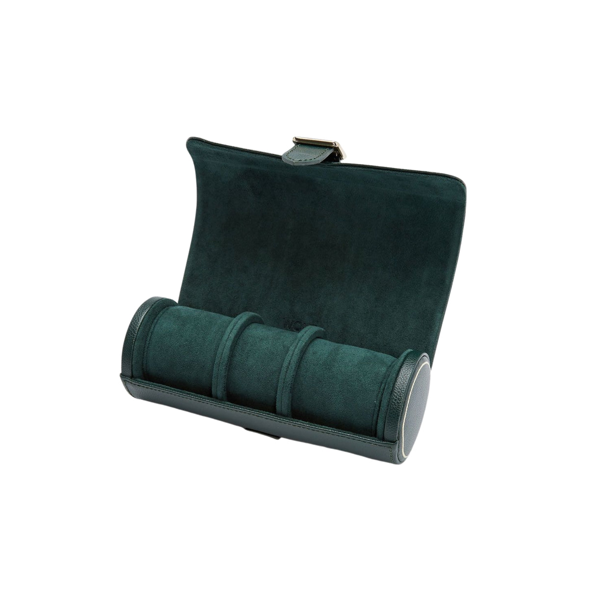 WOLF British Racing Green 792941 open interior view displaying triple watch roll lined with green suede and dividers