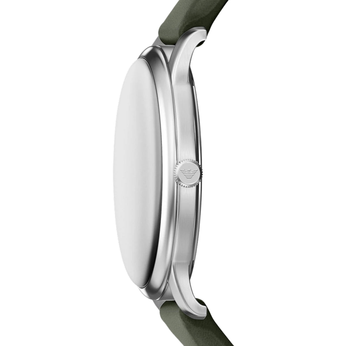 Side profile of the Emporio Armani Minimalist AR11811 wrist watch highlighting the ultra-slim steel case construction, curved lugs, and branded winding crown