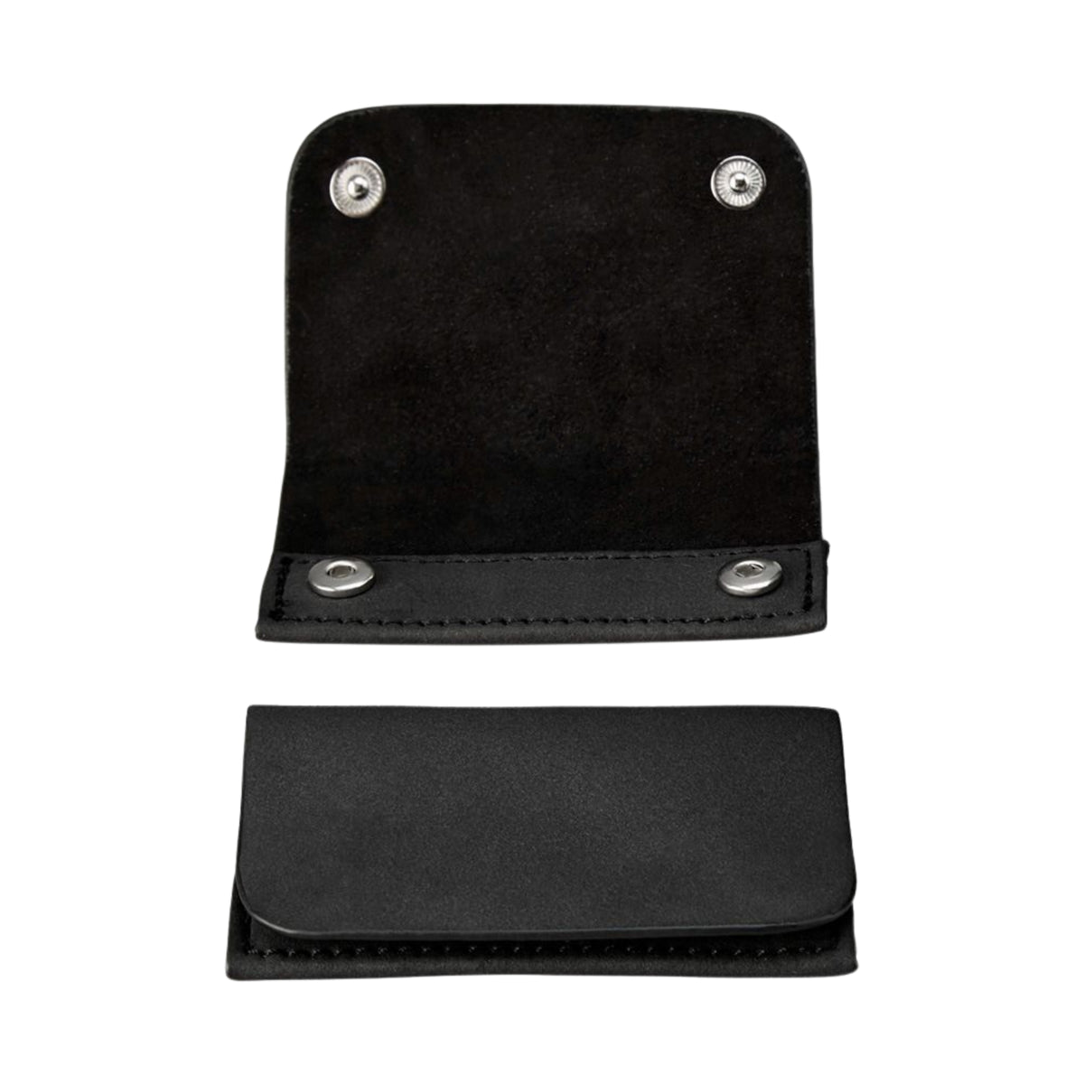 WOLF Philipp 190207 flat lay view showing open watch wrap flap with press studs above matching black leather pouch