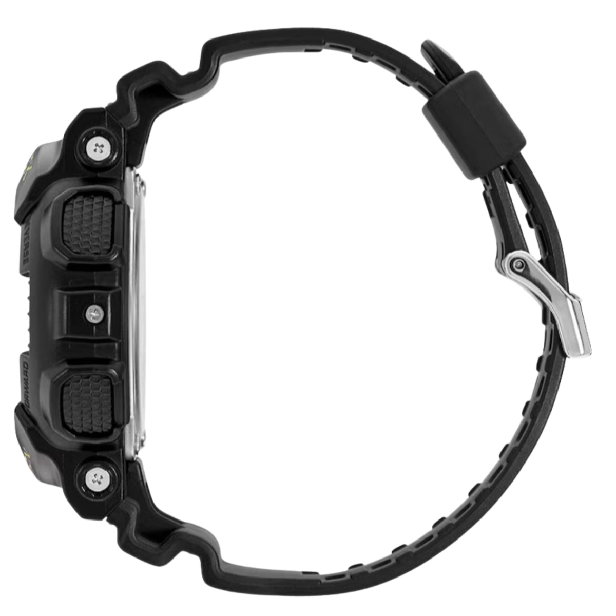 Side profile view displaying the thick black resin case body, non-slip side buttons, and curved strap profile of the Casio G-Shock GA-100 Series GA-100CF-1A9ER