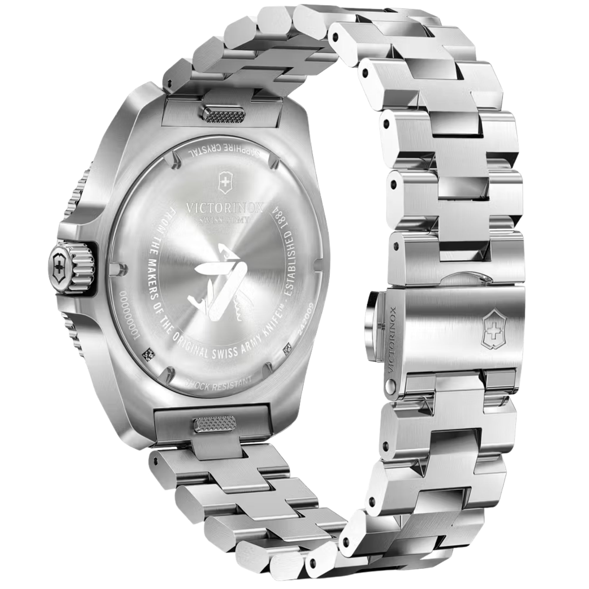 Victorinox Journey 1884 242009 sideview showing case-back and stainless steel bracelet with clasp 