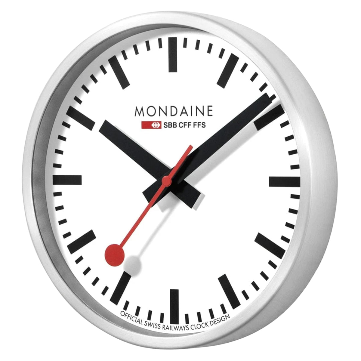 Mondaine A990.CLOCK.16SBB three-quarter perspective highlighting round white dial depth