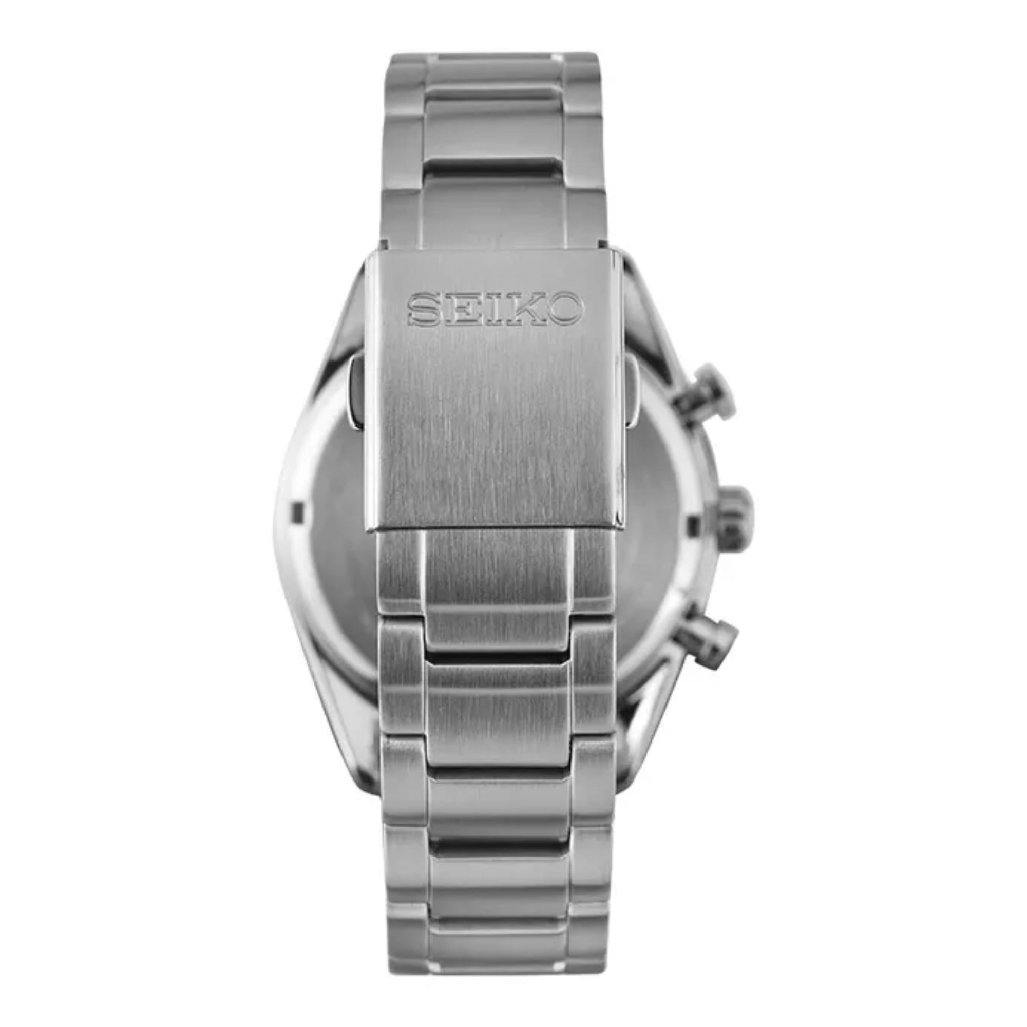 Seiko Essentials Solar Chronograph watch SSC801P1 highlighting the brushed stainless steel link bracelet and the engraved Seiko logo on the clasp
