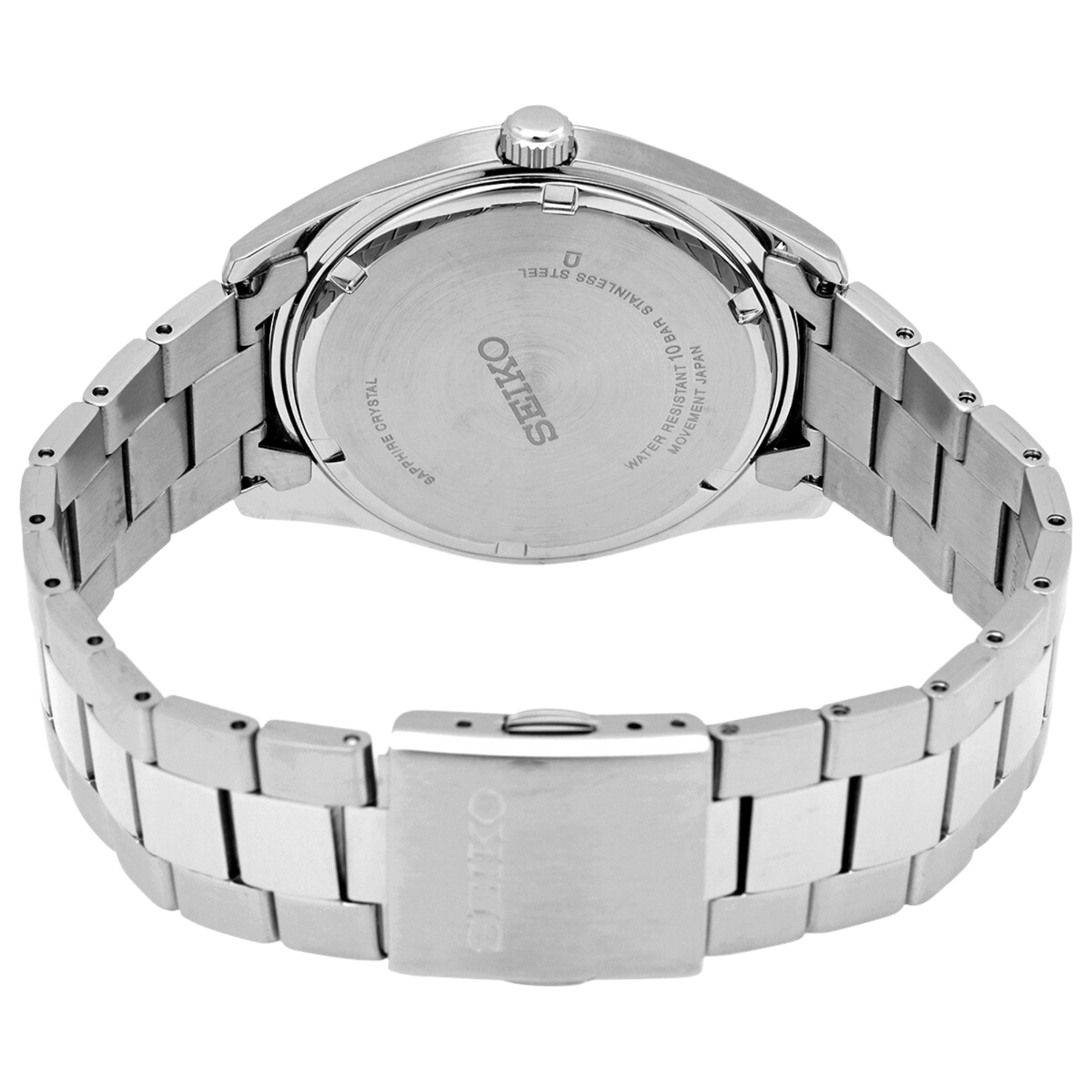 Seiko SUR343P1 stainless steel caseback with engravings, sapphire crystal and 10 BAR water resistance markings