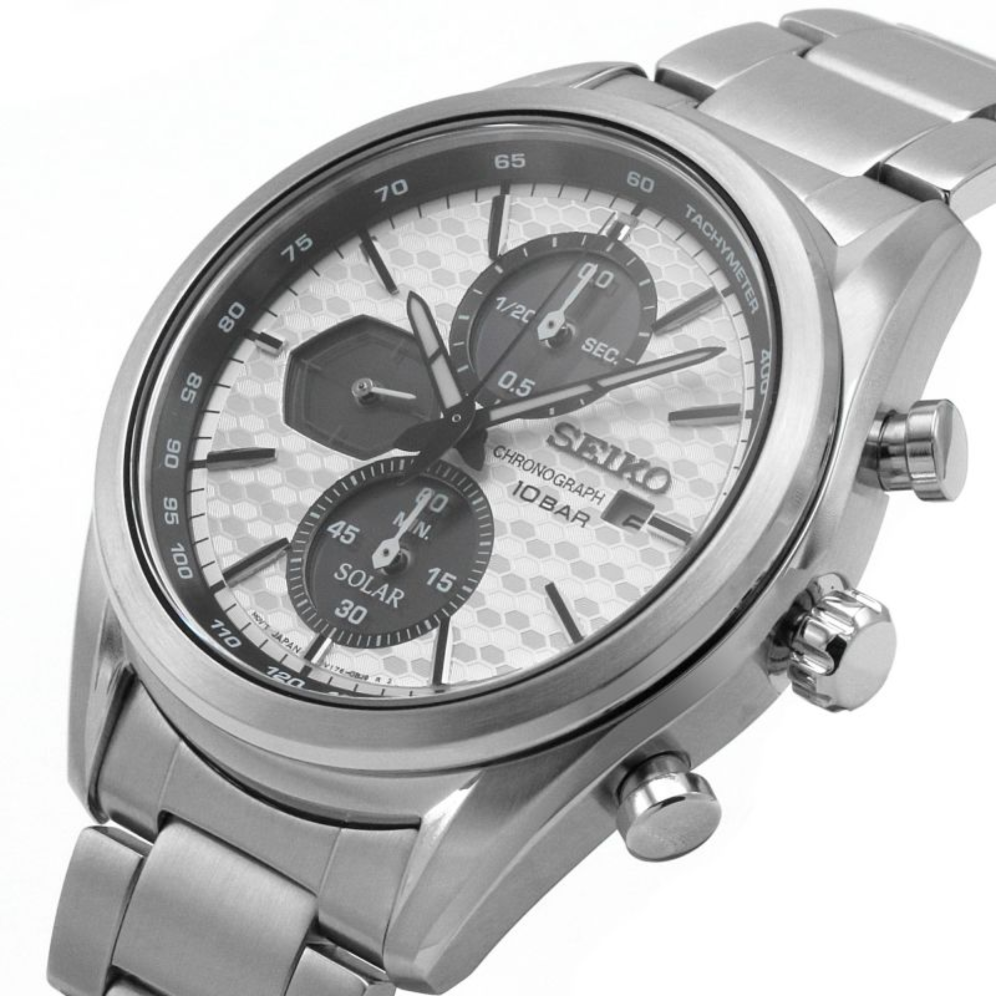 Seiko SSC769P1 solar chronograph white textured dial and stainless steel bezel detail