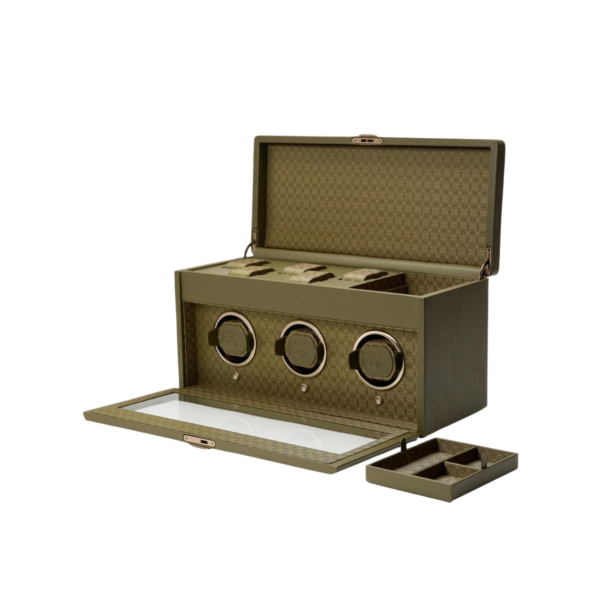 WOLF Earth 190th Anniversary 190541 perspective view of open olive winder showcasing top storage area and removable accessory tray