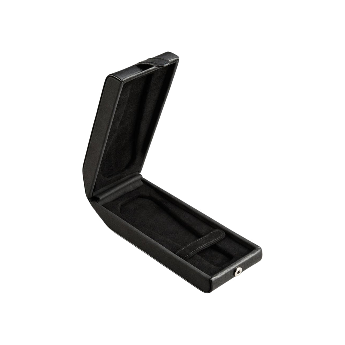 WOLF Philipp 190203 perspective view of open black flip stand with interior velvet lining and watch strap