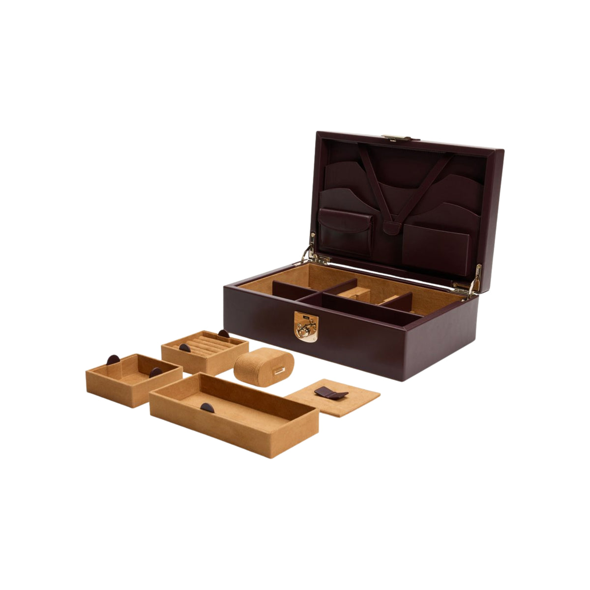 WOLF Philipp 190206 exploded view displaying open chestnut box with removable tan storage trays and watch roll