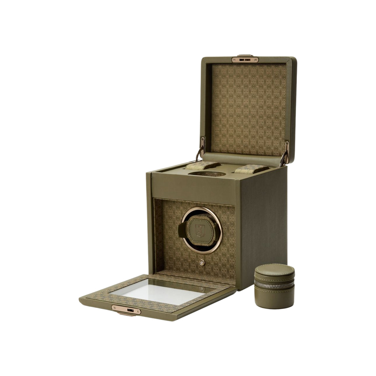 WOLF Earth 190th Anniversary 190341 perspective view of open olive winder showcasing upper storage tray and removable coin capsule