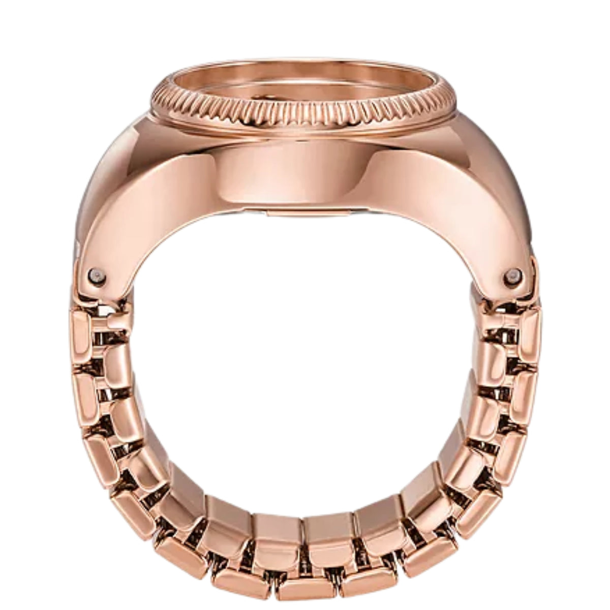 Side profile of the Fossil Watch Ring ES5247 showing the ring band structure, polished casing, and coin-edge bezel design