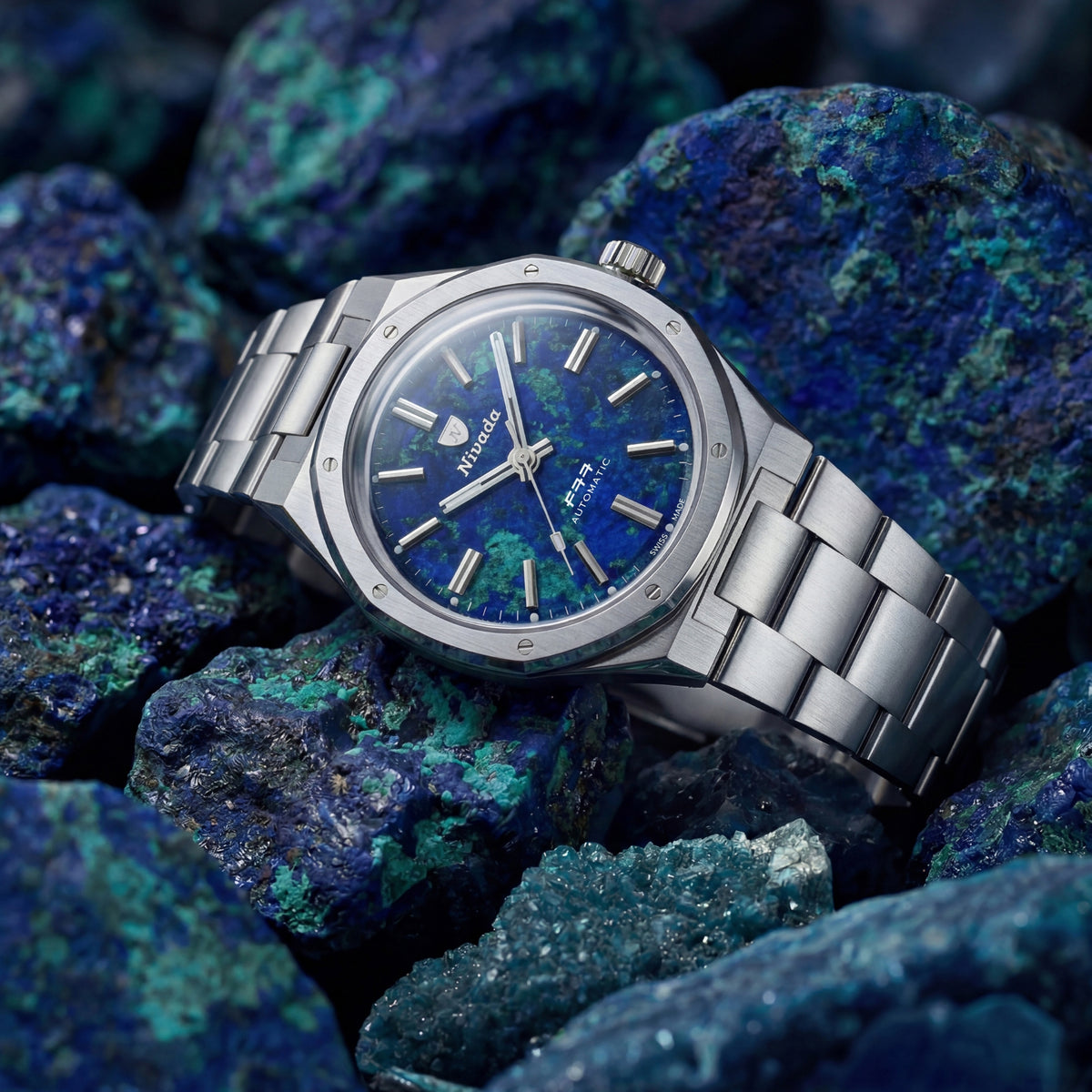 Nivada Grenchen F77 MK2 100 Years Edition 38mm Azurite Dial Steel Mens Automatic Watch 68056A77
