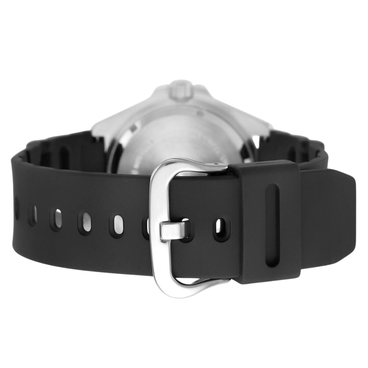 Casio Timeless Collection MDV-107-1A1VEF rear perspective highlighting resin strap with buckle closure and case back details