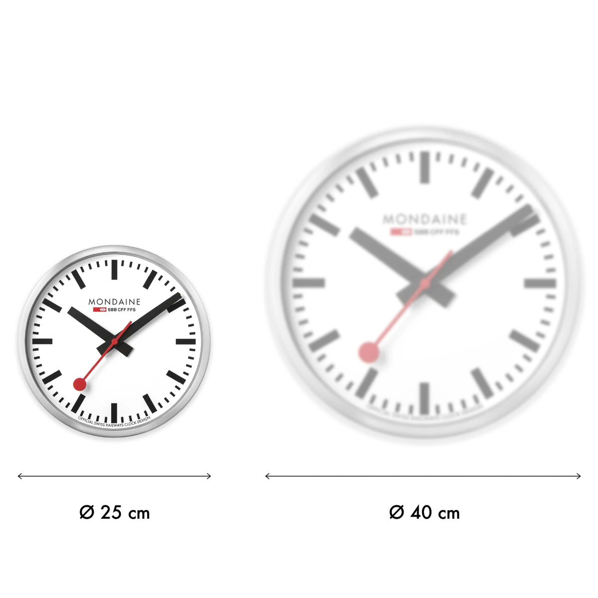 Mondaine A990.CLOCK.16SBB size comparison graphic showing the 25 cm model alongside the 40 cm version