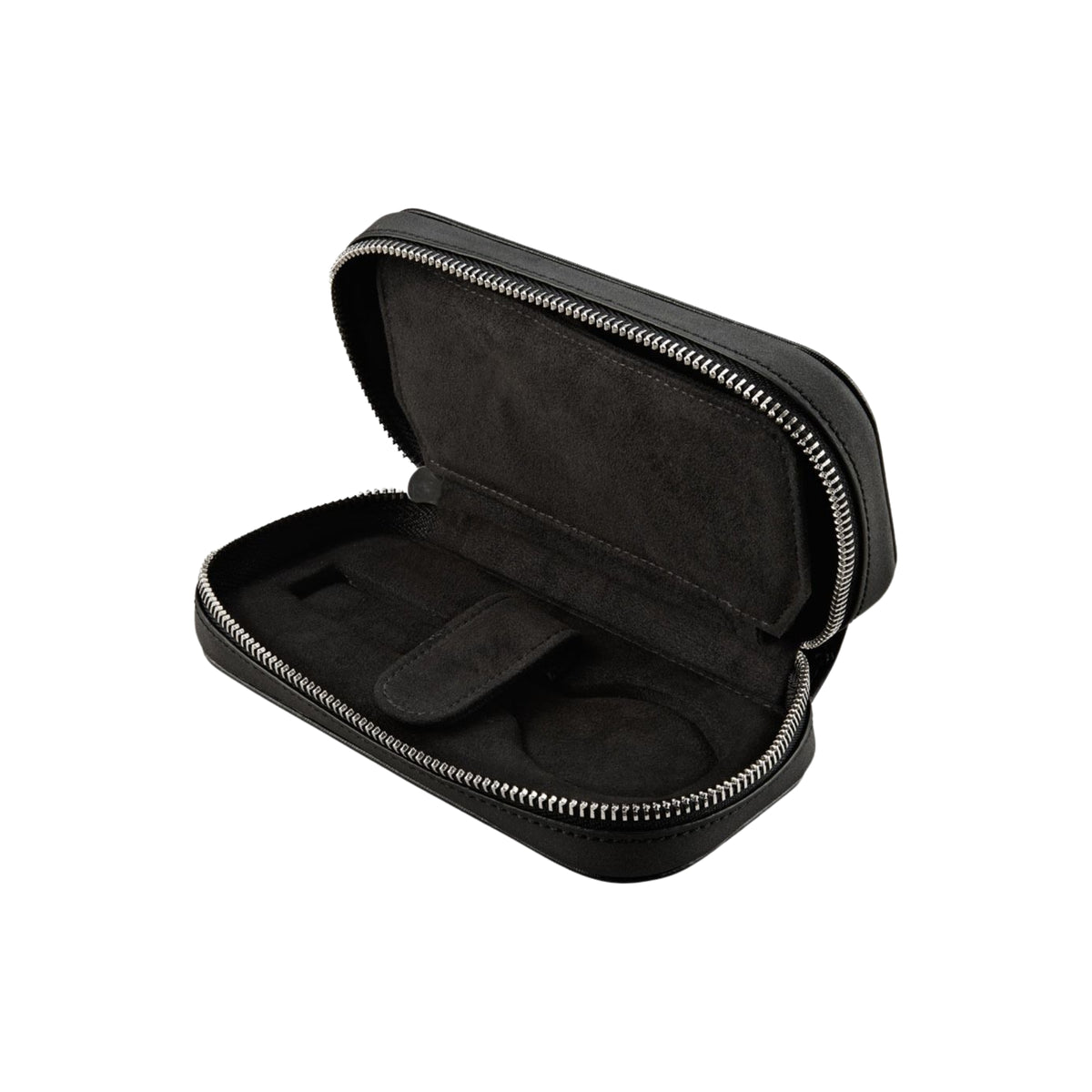 WOLF Philipp 190205 perspective view of open black watch zip case displaying suede lining and watch slots