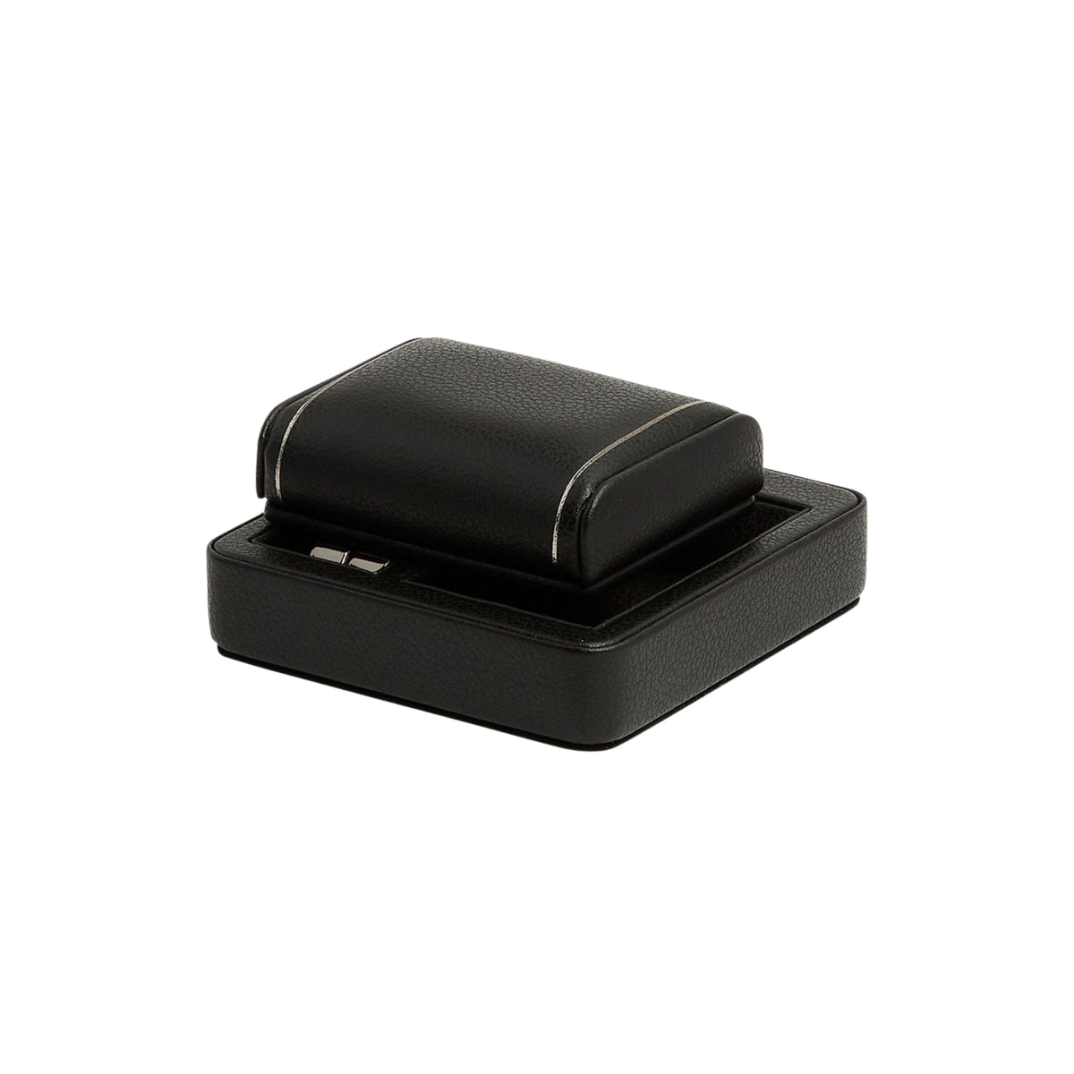 WOLF British Racing 485402 three-quarter perspective of folded black travel watch stand and storage base tray