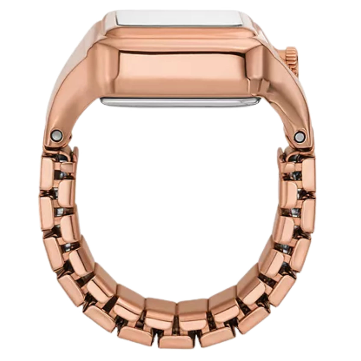 Rose gold-tone steel wrist watch back view with metal link bracelet