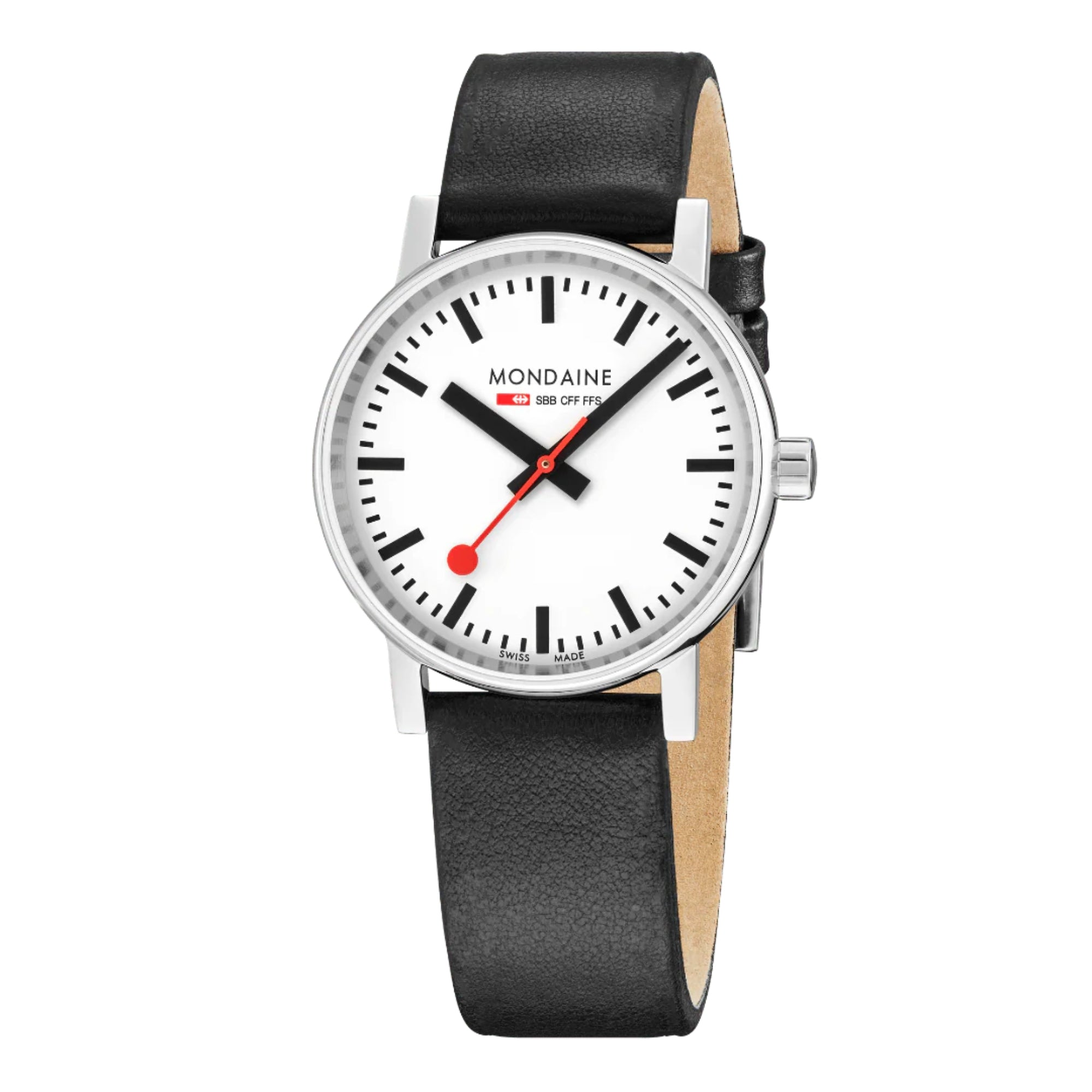 Mondaine evo2 Weißes Zifferblatt Schwarzes Veganes Armband Damen Uhr MSE.35110.LBV