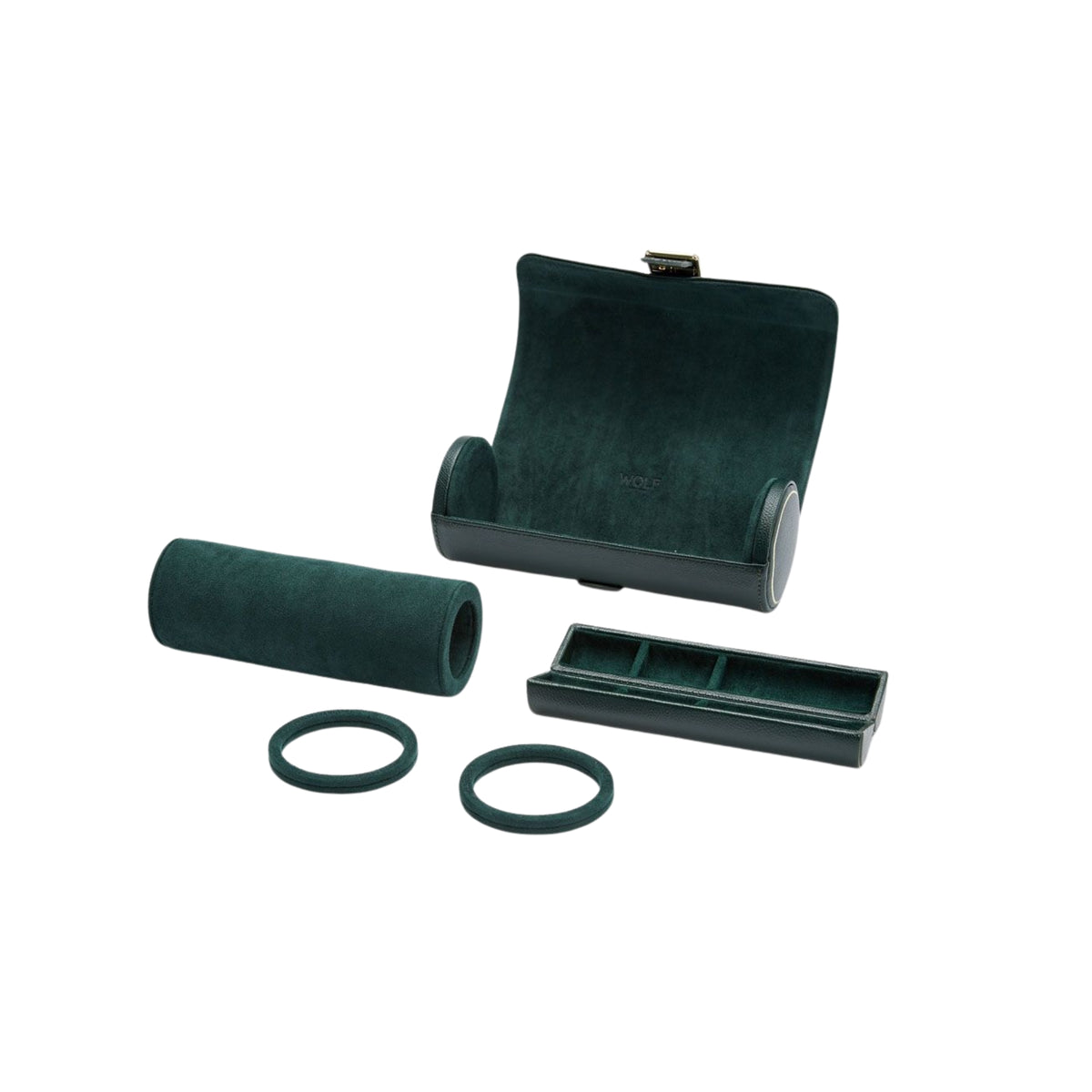 WOLF British Racing Green 792941 perspective view showing open watch roll case with removable capsule bar and guard rings