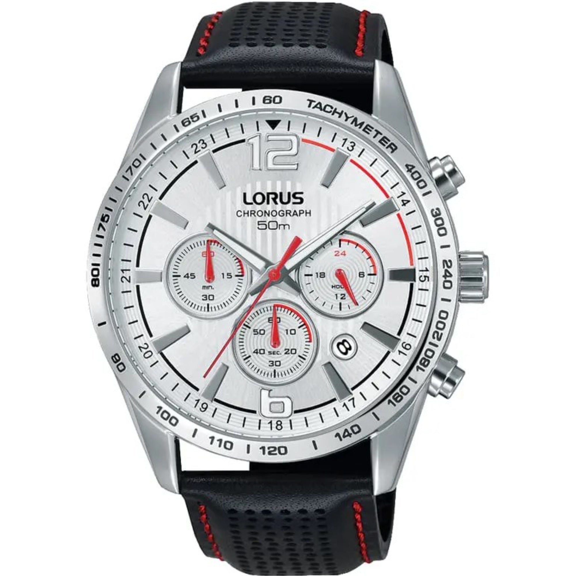 Lorus Sports Black With Red Stitch Leather White Dial Men's Chronograph Watch RT391FX9 - WatchNation