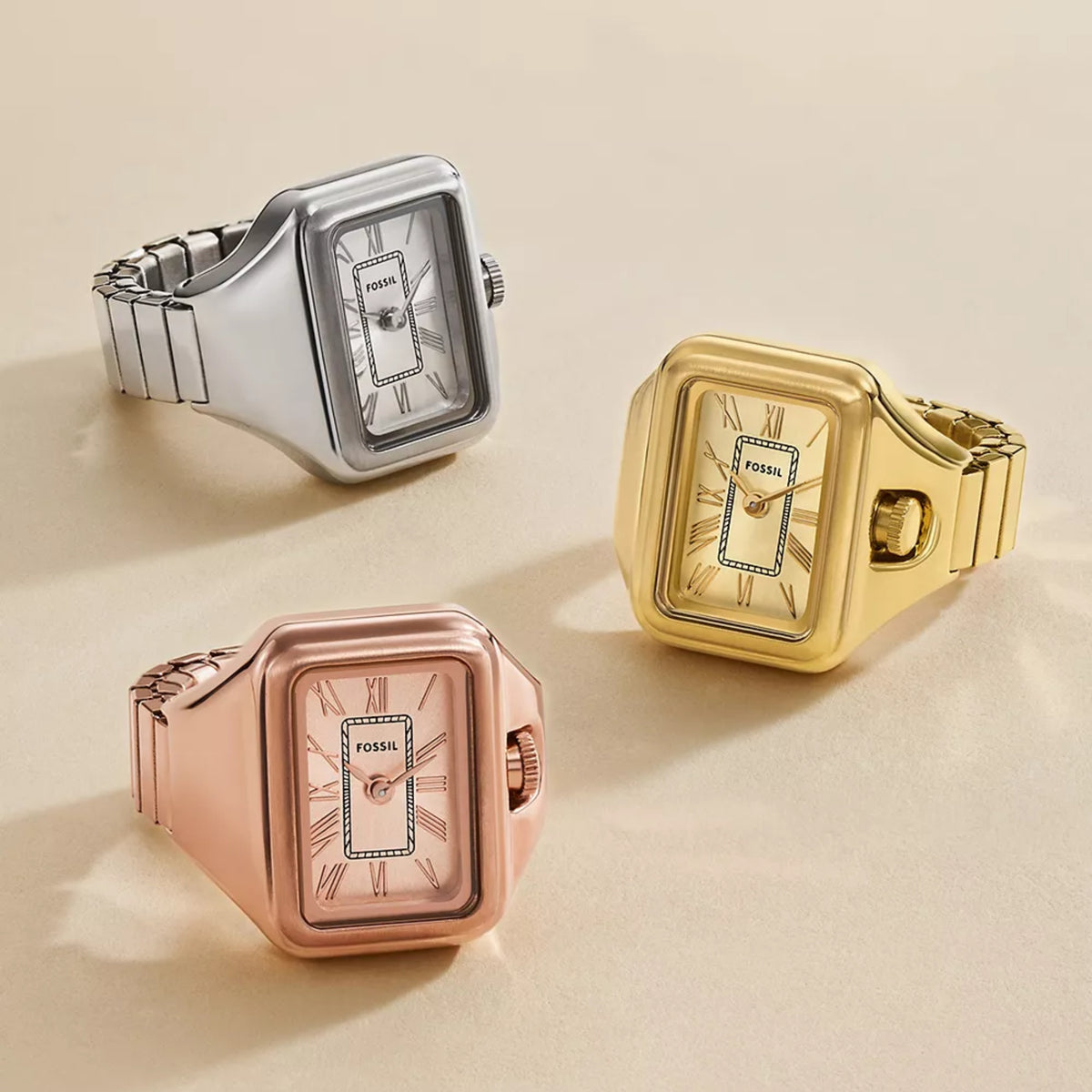 Square dial quartz watches, including rose gold-tone model with Roman numerals