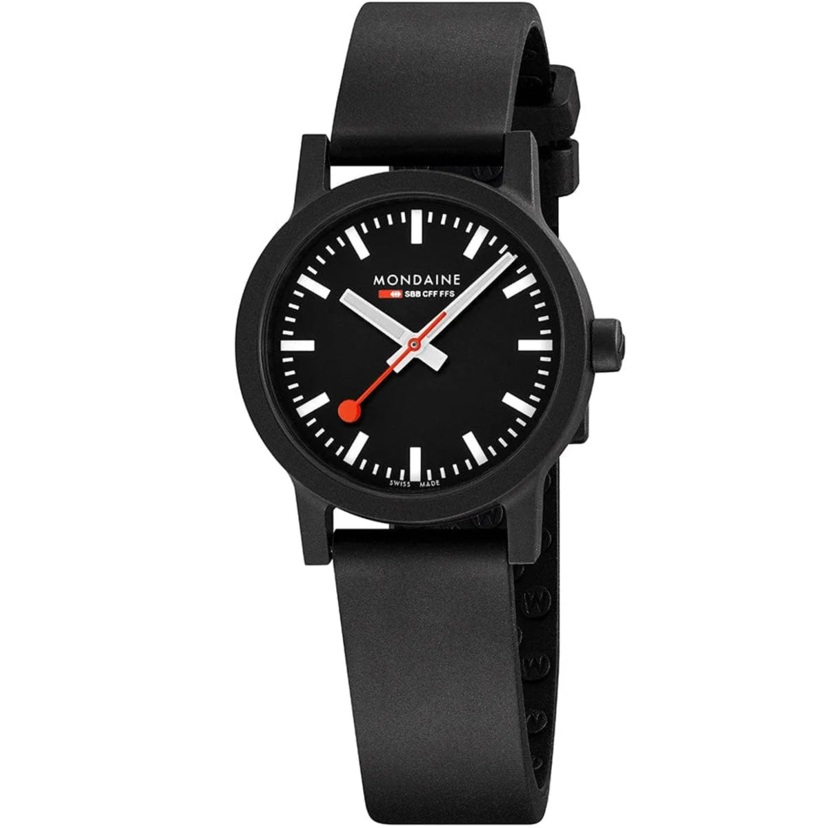 Reloj para mujer Mondaine Essence con esfera negra y correa de caucho MS1.32120.RB