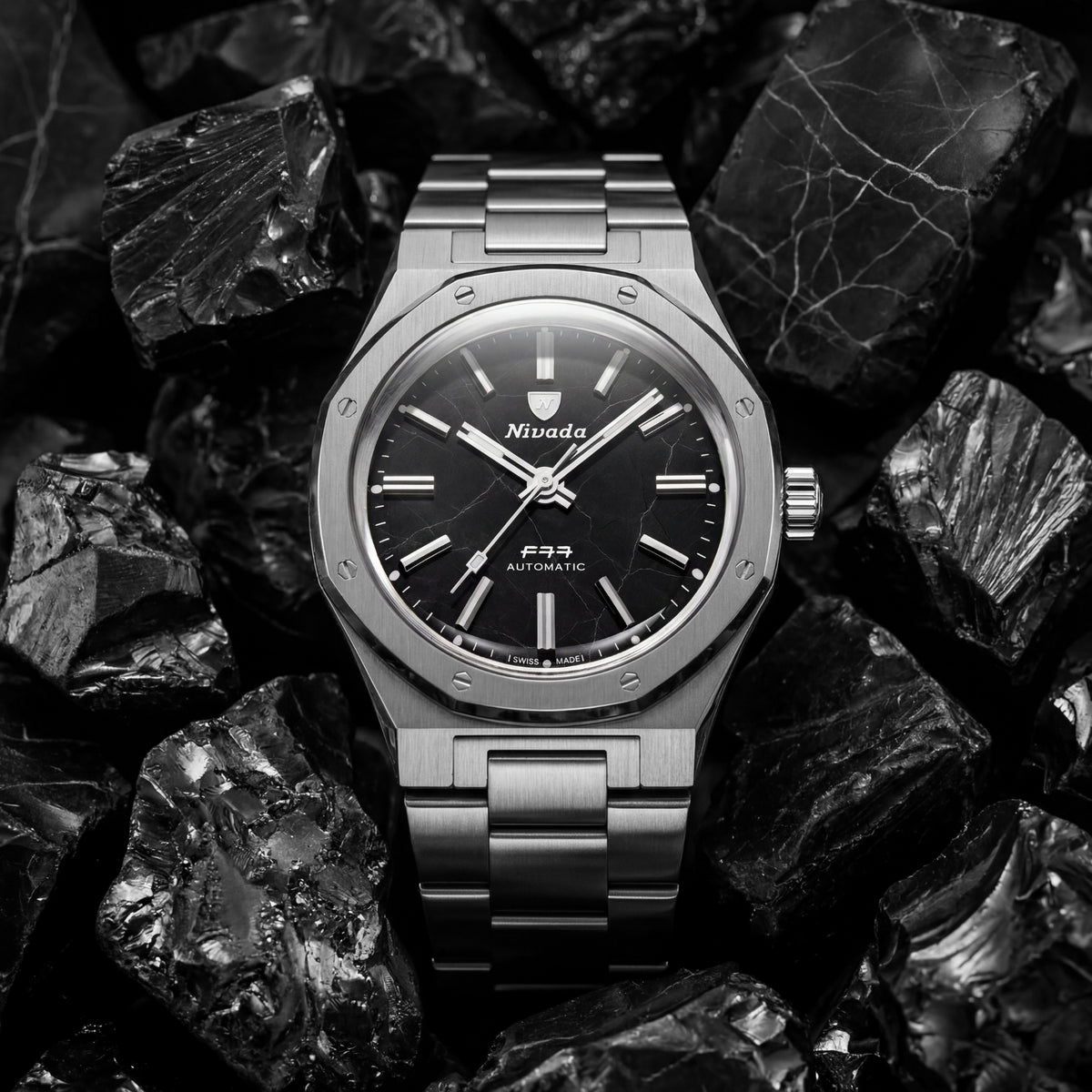 Nivada Grenchen F77 MK2 100 Years Edition 38mm Shungite Black Dial Steel Mens Automatic Watch 68058A77