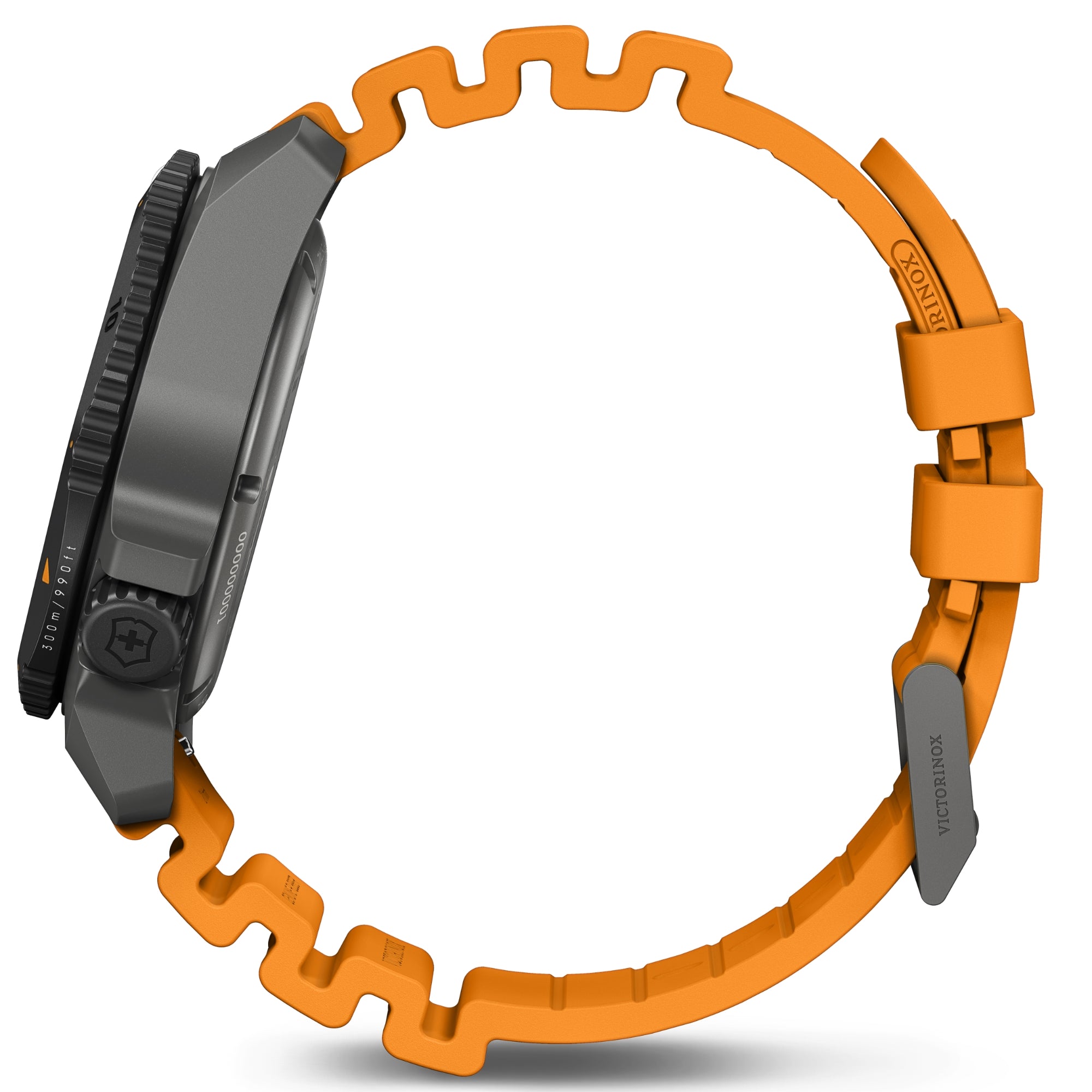 Victorinox Dive Pro 43mm 241996 orange rubber strap and pin buckle detail side profile