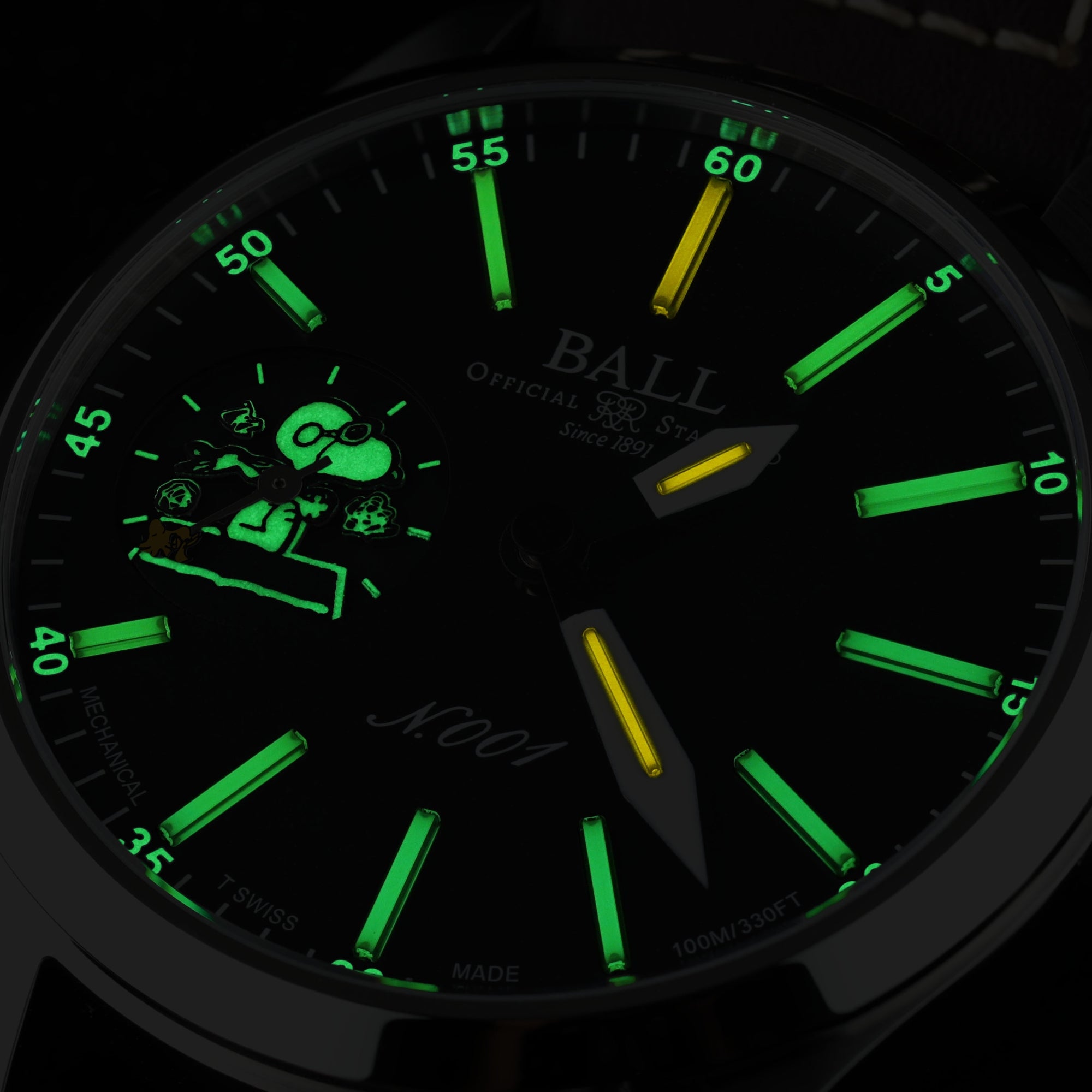 BALL Engineer Master II 46mm Snoopy Flying Ace Limited Edition Black Dial Leather Mens Manual-Wind Watch NM2638C-L2J-BK