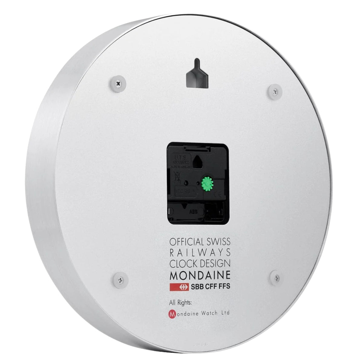 Mondaine A990.CLOCK.16SBB back case view showing quartz movement mechanism and hanging mount