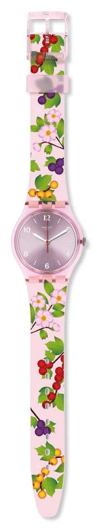 Swatch Merry Berry Pink Plastic Case Pink Silicone Strap Purple Dial Girls Watch GP150