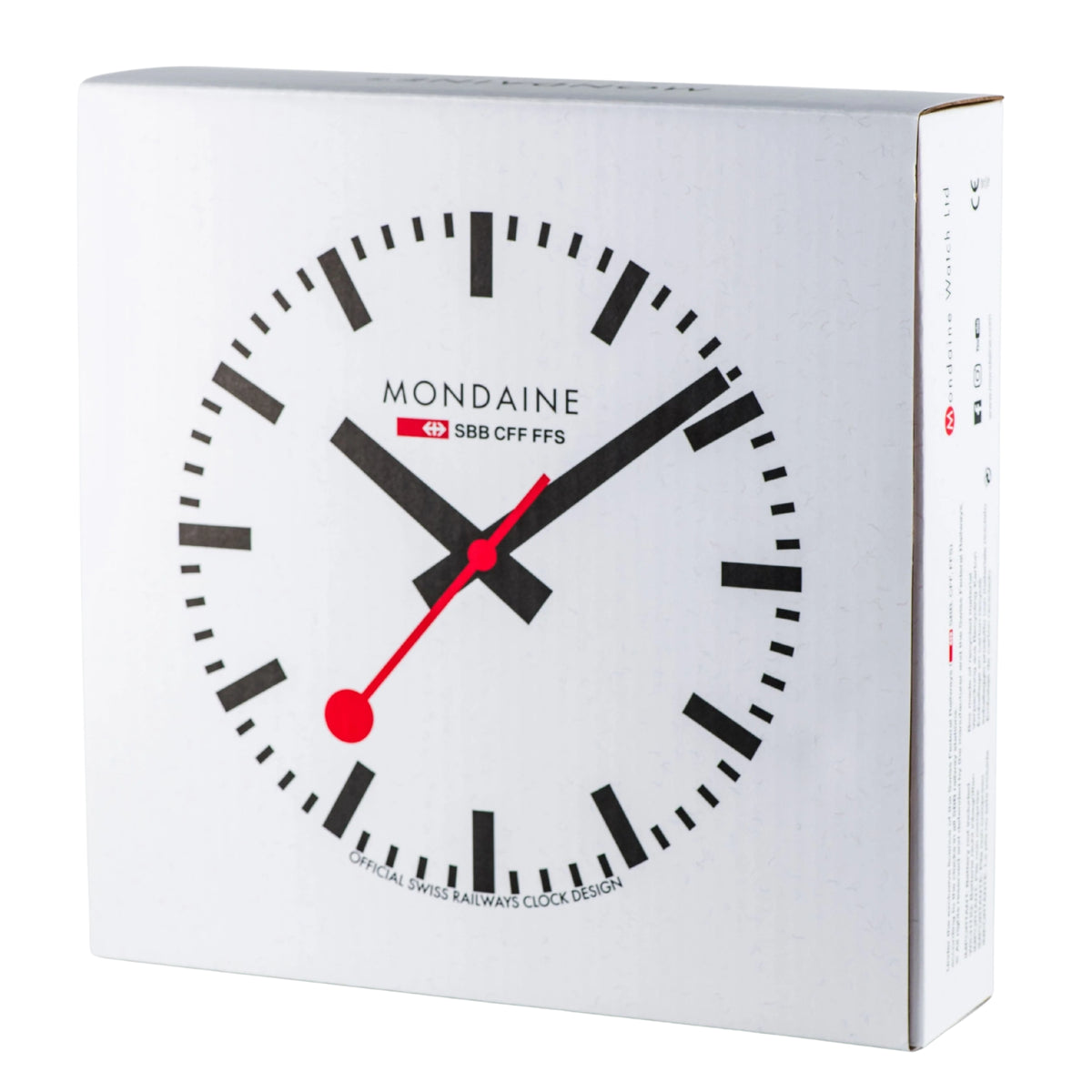 Mondaine A990.CLOCK.16SBB official packaging box featuring classic railway design