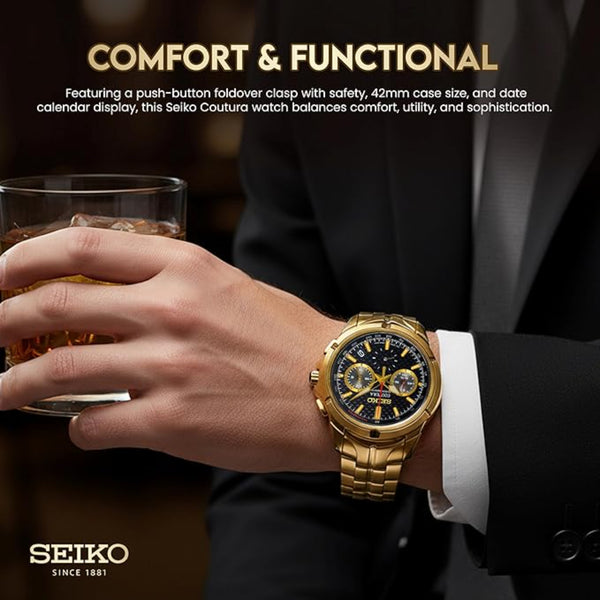 Man wearing a gold Seiko watch holding a glass of whiskey, with text about the watch's features.